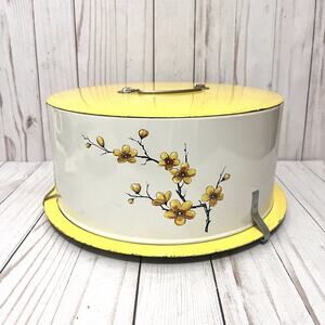 VINTAGE DECOWARE TRIPLE TULIP FLORAL SPRING TIME PATTERN MCM TIN CAKE Holder 50s